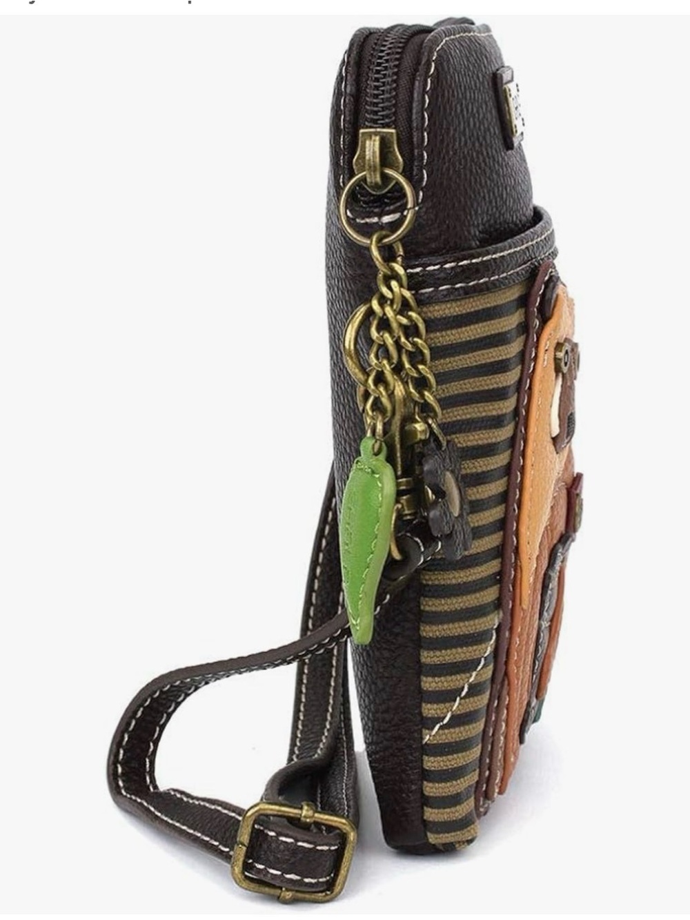 Chala Brown Striped 2 Bears Appliqué Crossbody Cell Phone Bag with Green Charm - Picture 3 of 4